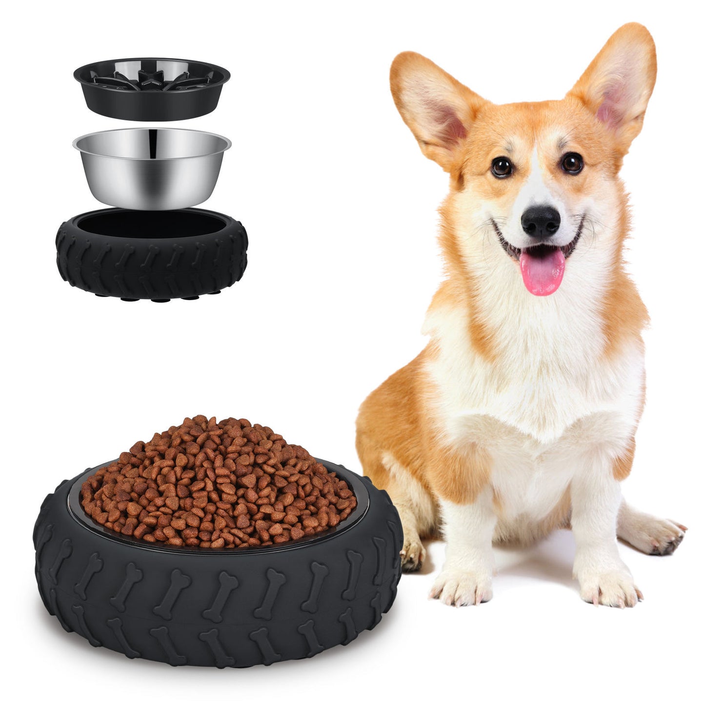 Rubber wheel food bowl - slow feed design