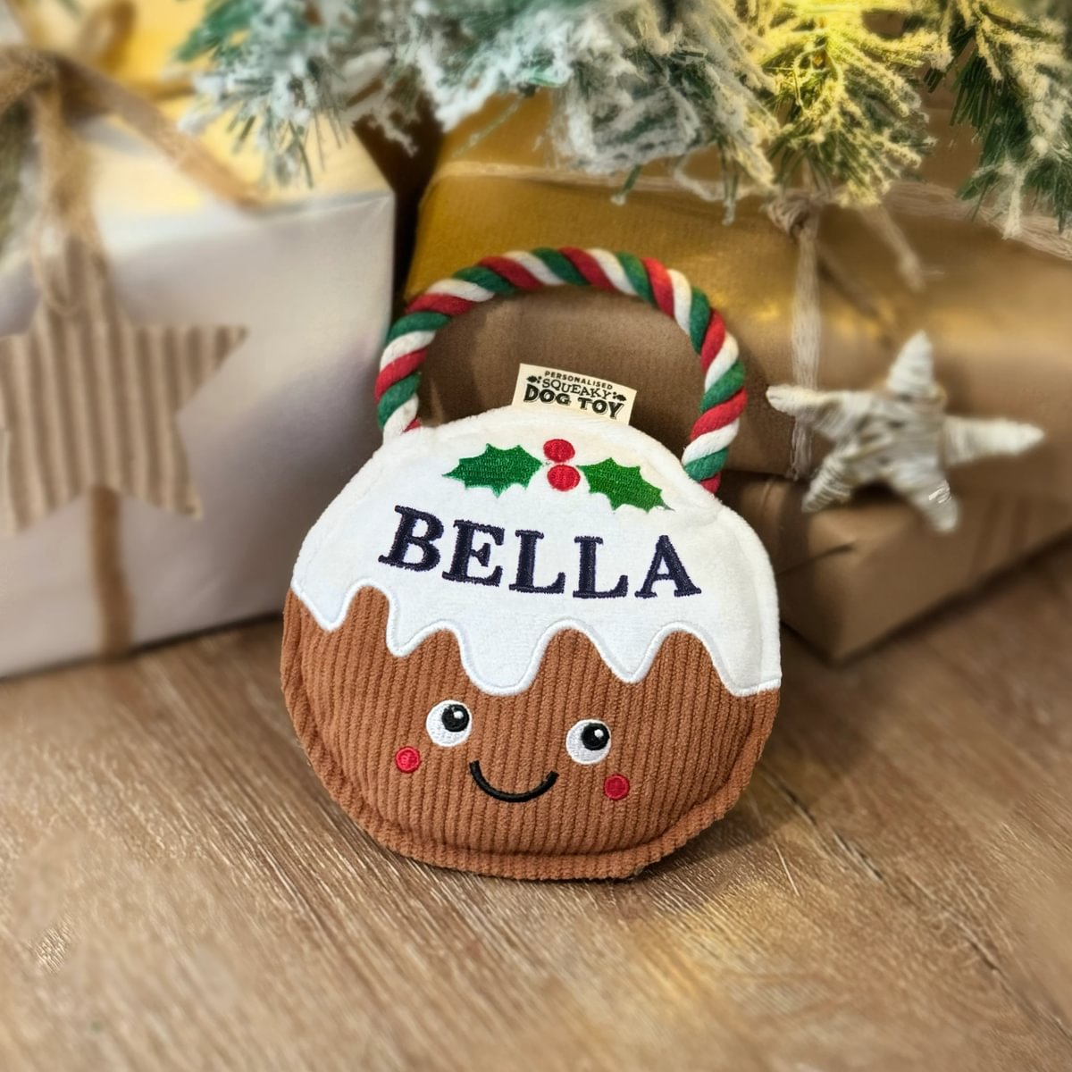 Pre-personalised Christmas Pudding Squeaky Dog Toy Gift
