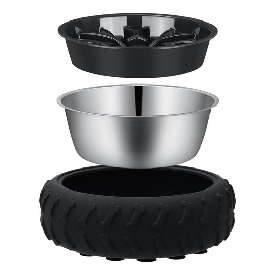 Rubber wheel food bowl - slow feed design