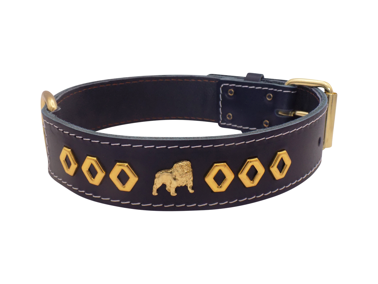 1.5" wide Leather Dog Collar with Unique Gold Design and English Bulldog Badges