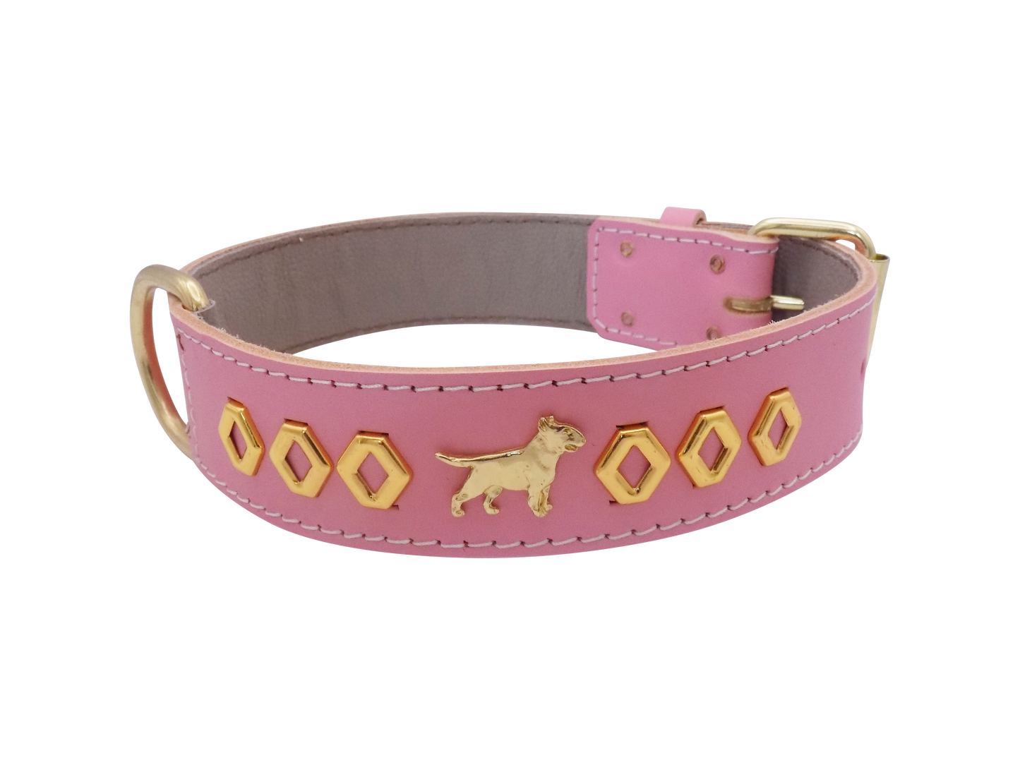 1.5" wide Leather Dog Collar with Decorative Gold Design and English Bull Terrier Badges