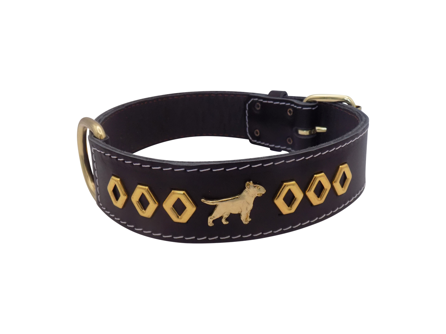 1.5" wide Leather Dog Collar with Decorative Gold Design and English Bull Terrier Badges