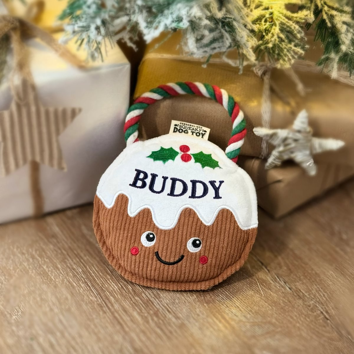 Pre-personalised Christmas Pudding Squeaky Dog Toy Gift