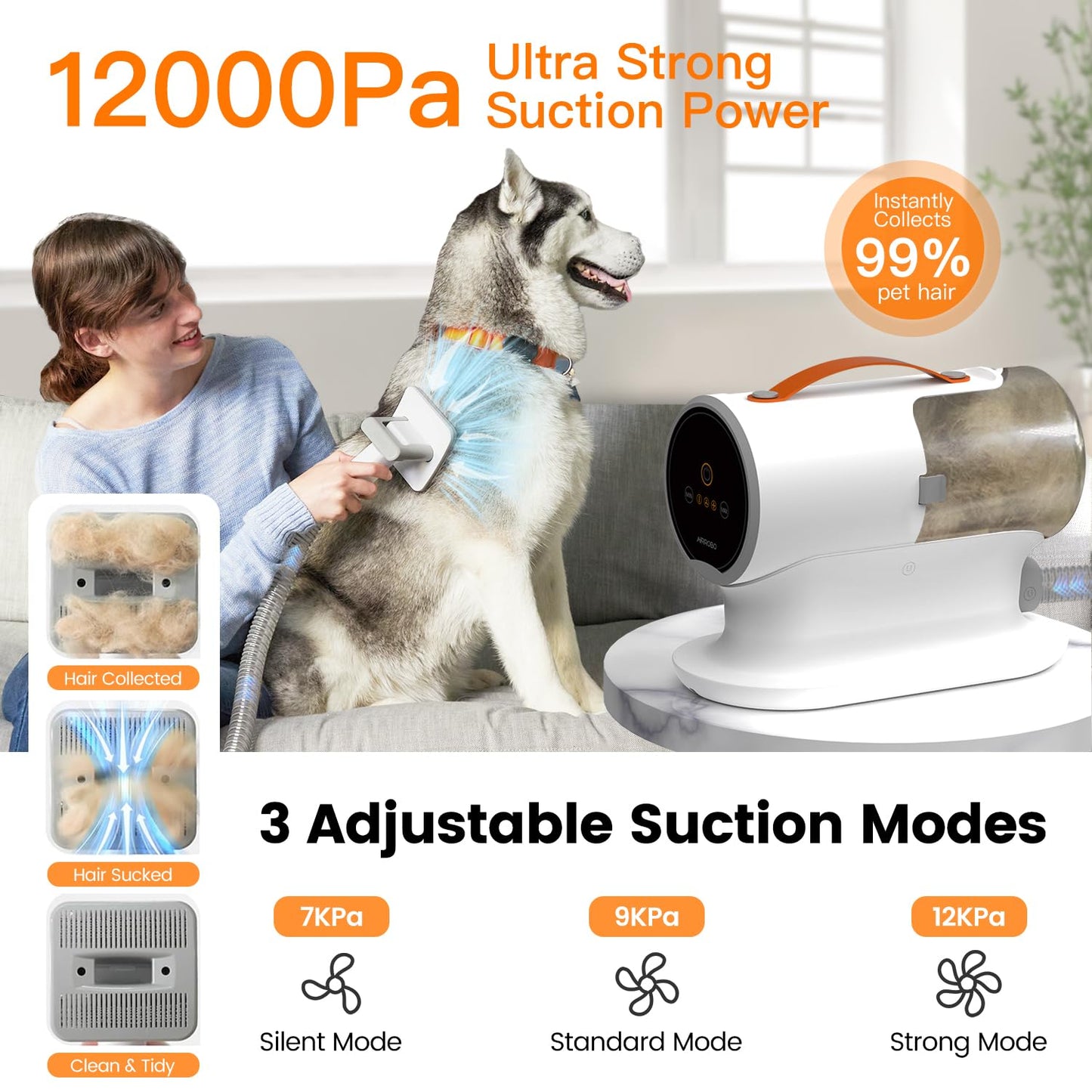 AIRROBO Dog Grooming Vacuum Kit – 12000Pa Suction, Quiet Grooming Vacuum, 2L Dust Cup, 5-in-1 Kit