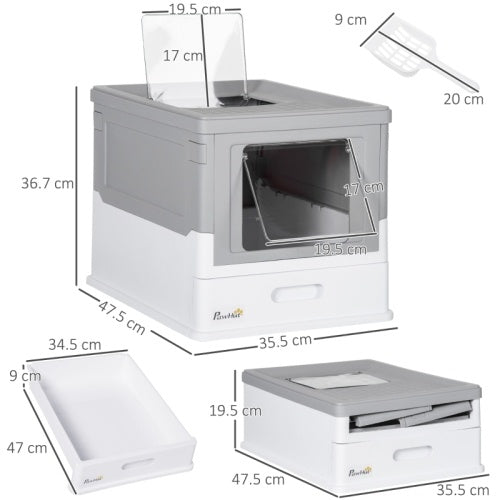 PawHut Hooded Cat Litter Box, Portable Pet Toilet, With Scoop, Front Entry - Grey