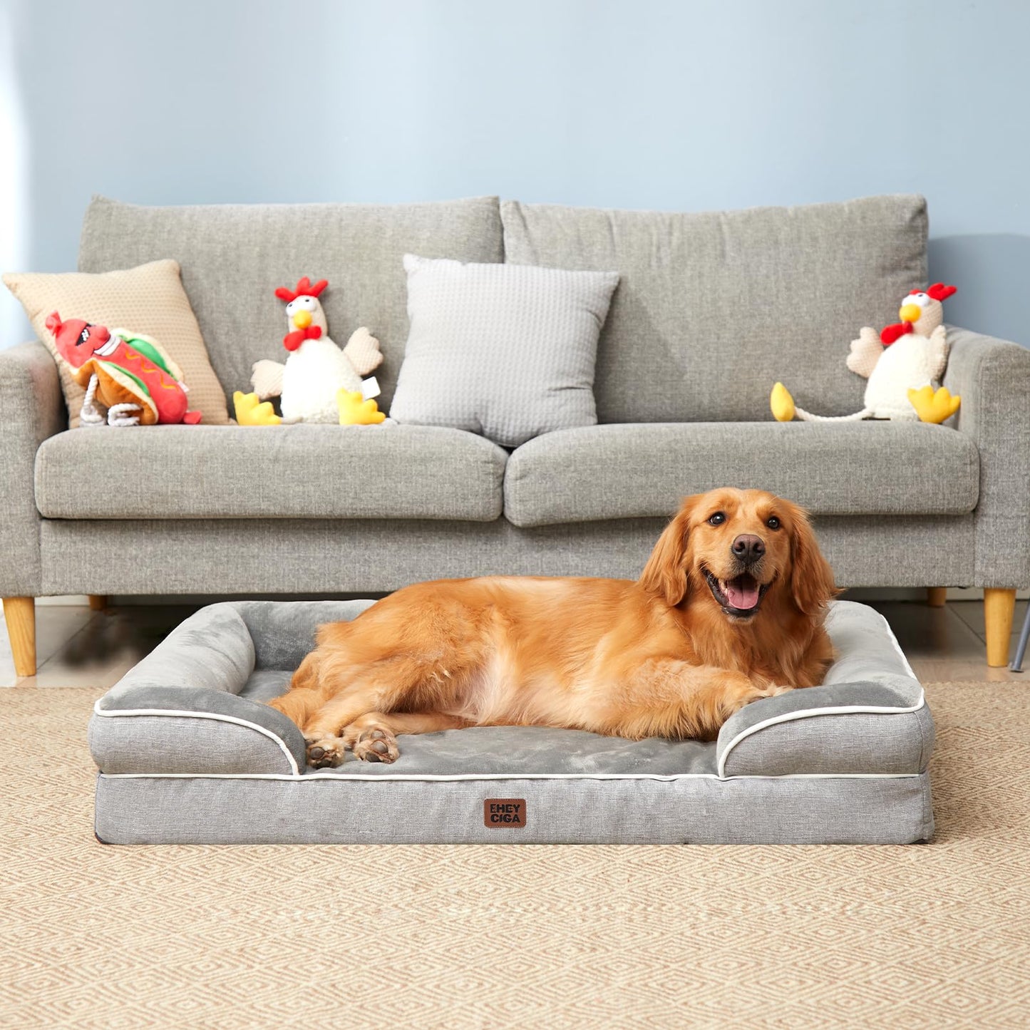 EHEYCIGA Orthopedic Dog Bed for Large Dogs – Waterproof Memory Foam with Sides, Non-Slip Bottom (Grey)