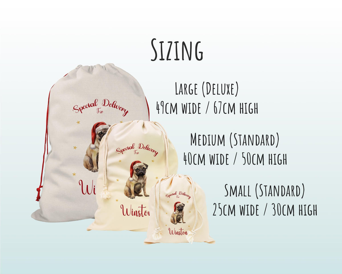 Personalised Pug Dog Large Christmas Sack - Red Drawstring Bag for Xmas Presents - Christmas Eve Bag Box Decoration for Dogs XS139