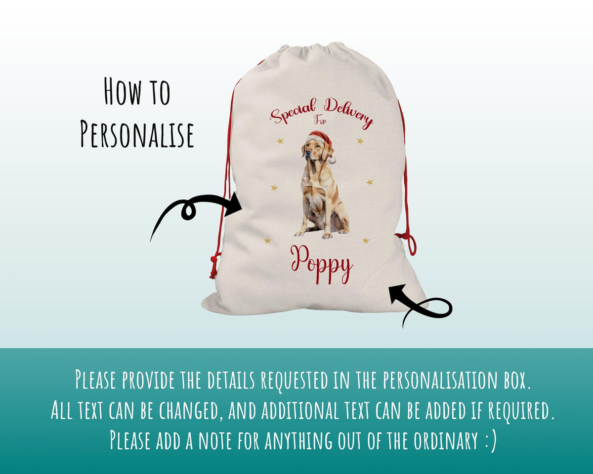 Personalised Yellow Labrador Large Christmas Sack - Red Drawstring Bag for Xmas Presents - Christmas Eve Bag Box Decoration for Dogs XS125