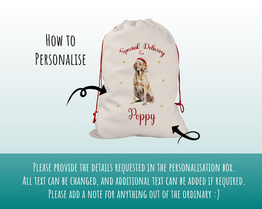 Personalised Yellow Labrador Large Christmas Sack - Red Drawstring Bag for Xmas Presents - Christmas Eve Bag Box Decoration for Dogs XS125