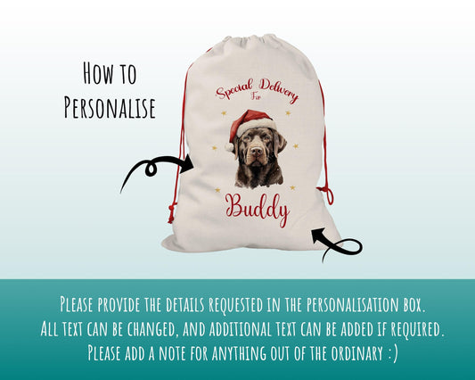 Personalised Chocolate Labrador Large Christmas Sack - Red Drawstring Bag for Xmas Presents Christmas Eve Bag Box Decoration for Dogs XS123