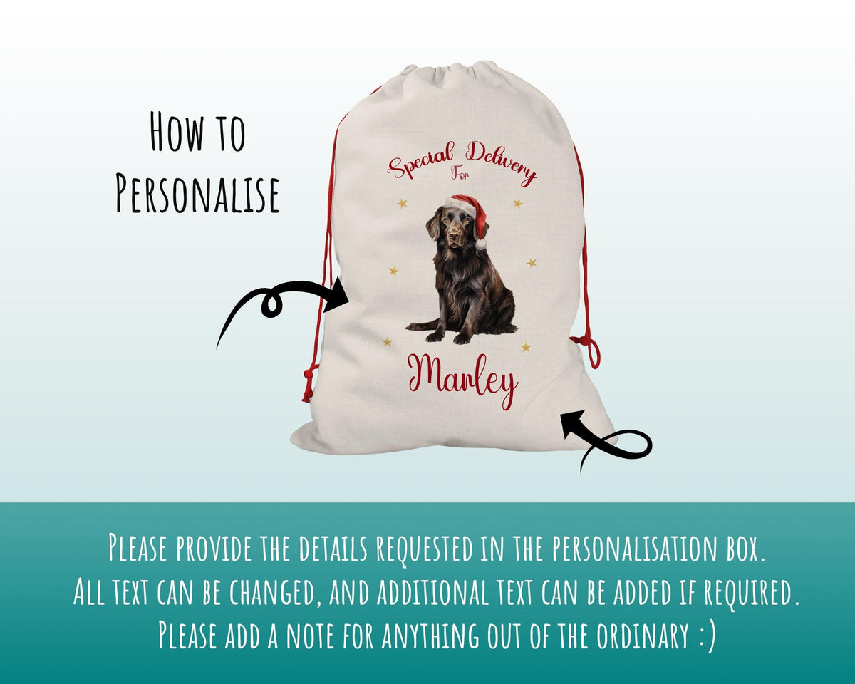 Personalised Flat Coated Retriever Large Christmas Sack Red Drawstring Bag for Xmas Presents Christmas Eve Bag Box Decoration for Dogs XS103