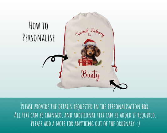 Personalised Dachshund Large Christmas Sack - Red Drawstring Bag for Xmas Presents - Christmas Eve Bag Box Decoration for Dogs XS093