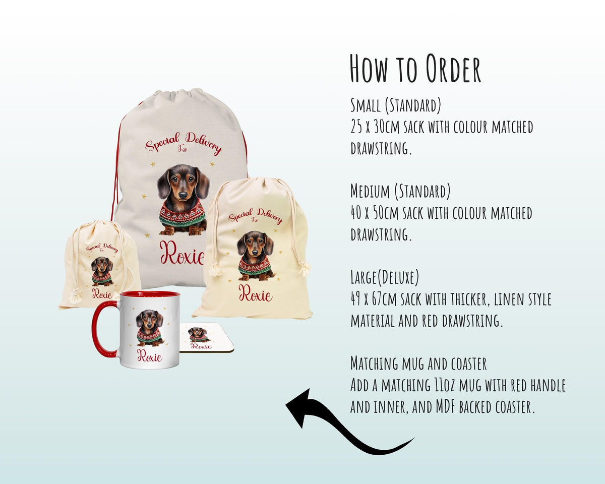 Personalised Dachshund Large Christmas Sack - Red Drawstring Bag for Xmas Presents - Christmas Eve Bag Box Decoration for Dogs XS091