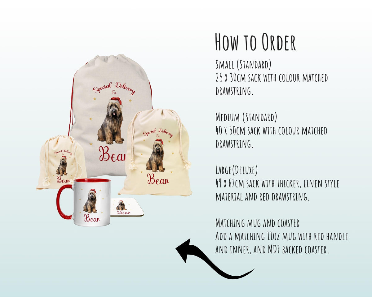 Personalised Briard Dog Large Christmas Sack - Red Drawstring Bag for Xmas Presents - Christmas Eve Bag Box Decoration for Dogs XS079