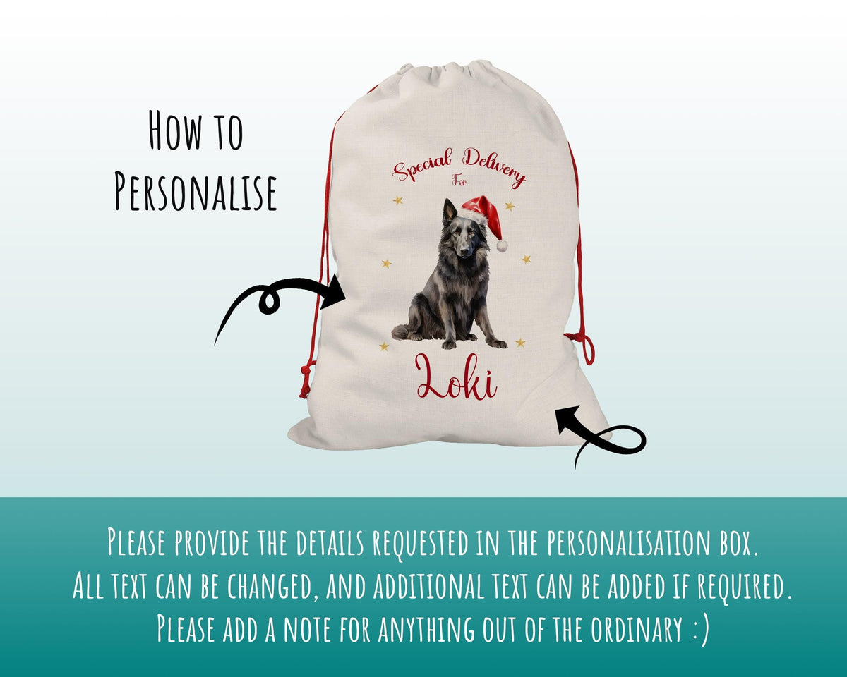 Personalised Belgian Sheepdog Large Christmas Sack - Red Drawstring Bag for Xmas Presents - Christmas Eve Bag Box Decoration for Dogs XS073
