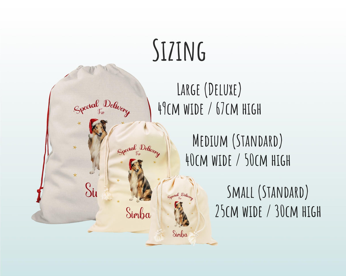 Personalised Rough Collie Large Christmas Sack - Red Drawstring Bag for Xmas Presents - Christmas Eve Bag Box Decoration for Dogs XS141