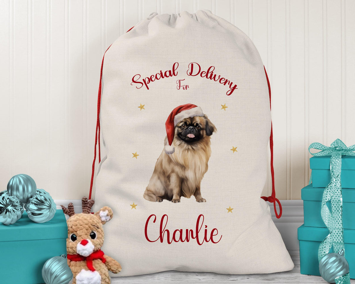 Personalised Pekingese Dog Large Christmas Sack - Red Drawstring Bag for Xmas Presents - Christmas Eve Bag Box Decoration for Dogs XS135