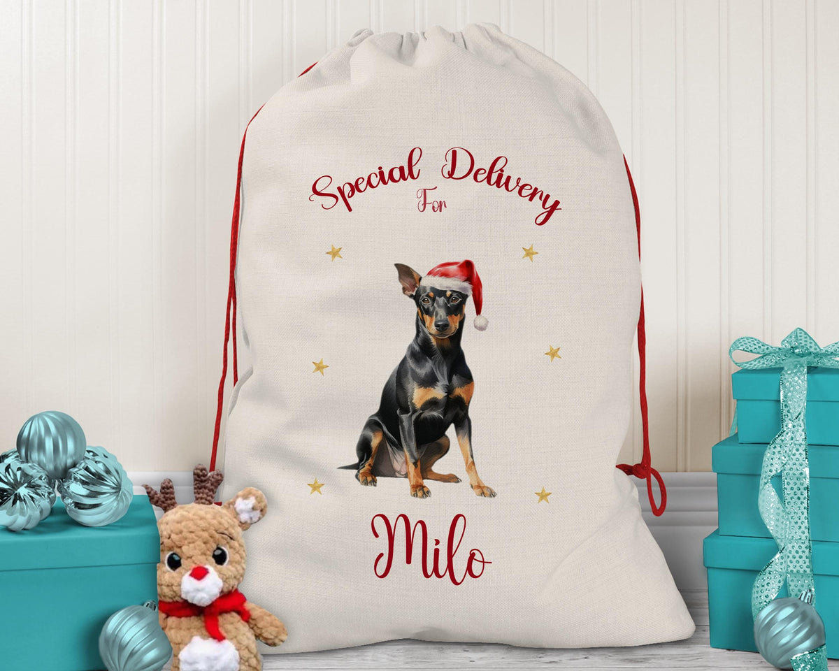 Personalised Manchester Terrier Large Christmas Sack - Red Drawstring Bag for Xmas Presents Christmas Eve Bag Box Decoration for Dogs XS130