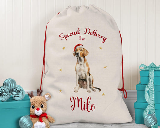 Personalised English Fox Hound Large Christmas Sack - Red Drawstring Bag for Xmas Presents - Christmas Eve Bag Box Decoration for Dogs XS100