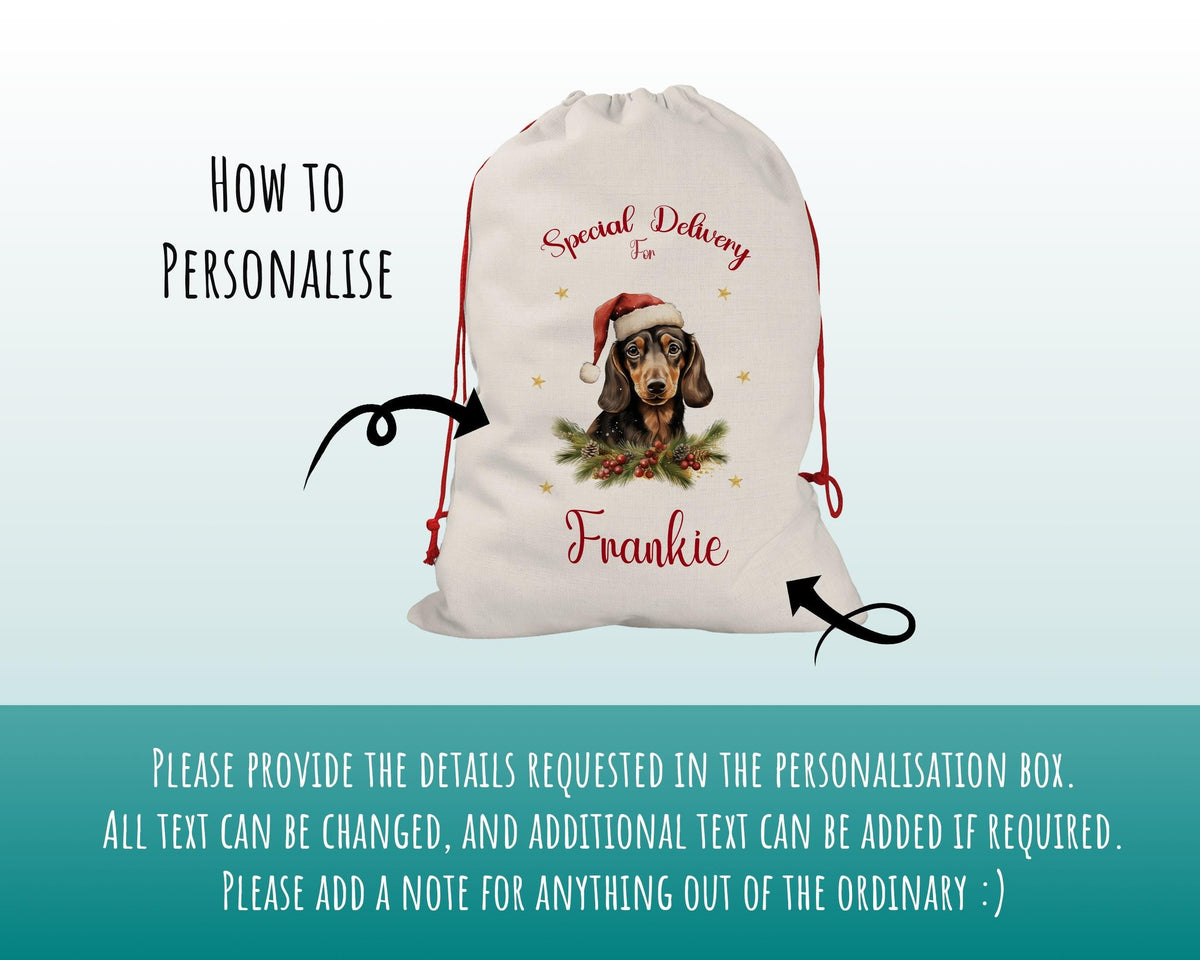 Personalised Dachshund Large Christmas Sack - Red Drawstring Bag for Xmas Presents - Christmas Eve Bag Box Decoration for Dogs XS090