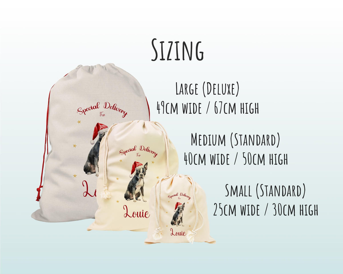Personalised Boston Terrier Large Christmas Sack - Red Drawstring Bag for Xmas Presents - Christmas Eve Bag Box Decoration for Dogs XS077