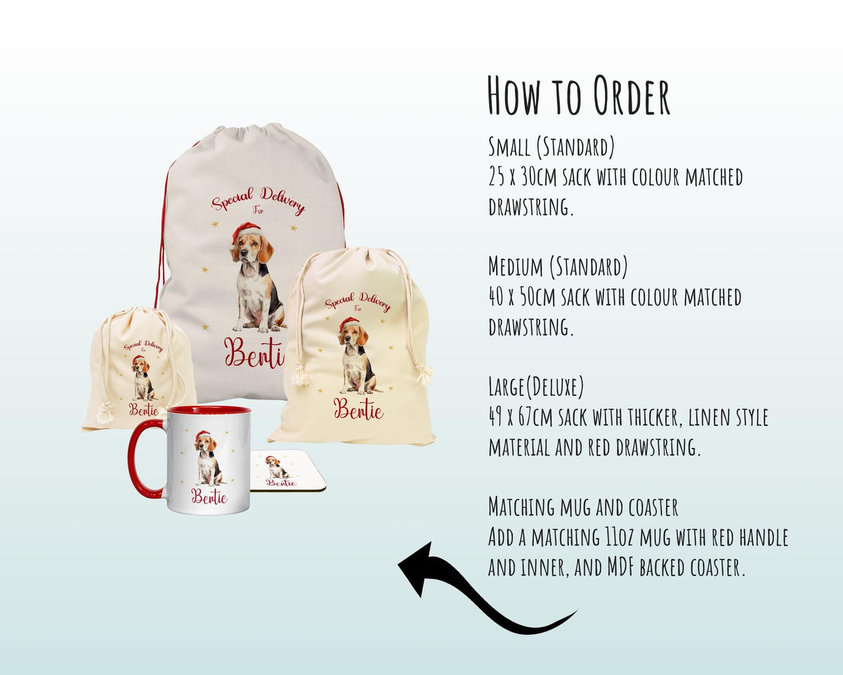 Personalised Beagle Dog Large Christmas Sack - Red Drawstring Bag for Xmas Presents - Christmas Eve Bag Box Decoration for Dogs XS072