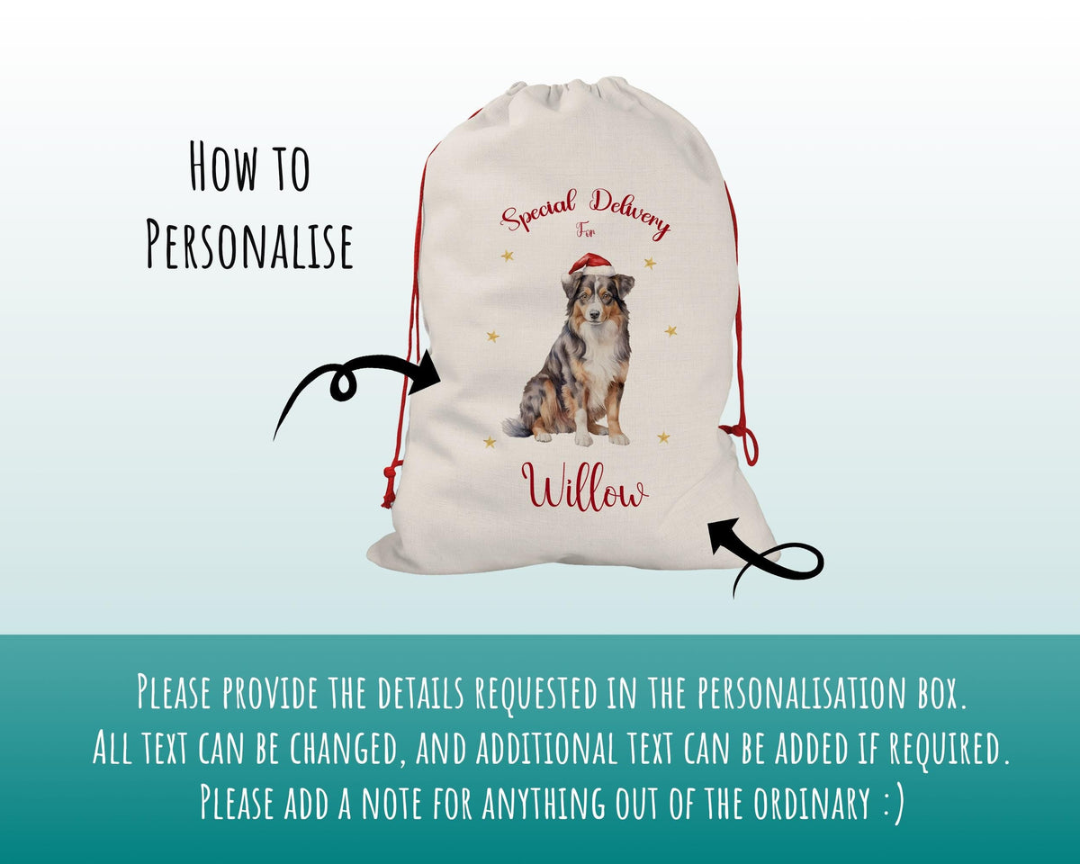 Personalised Australian Shepherd Large Christmas Sack - Red Drawstring Bag for Xmas Presents Christmas Eve Bag Box Decoration for Dogs XS070