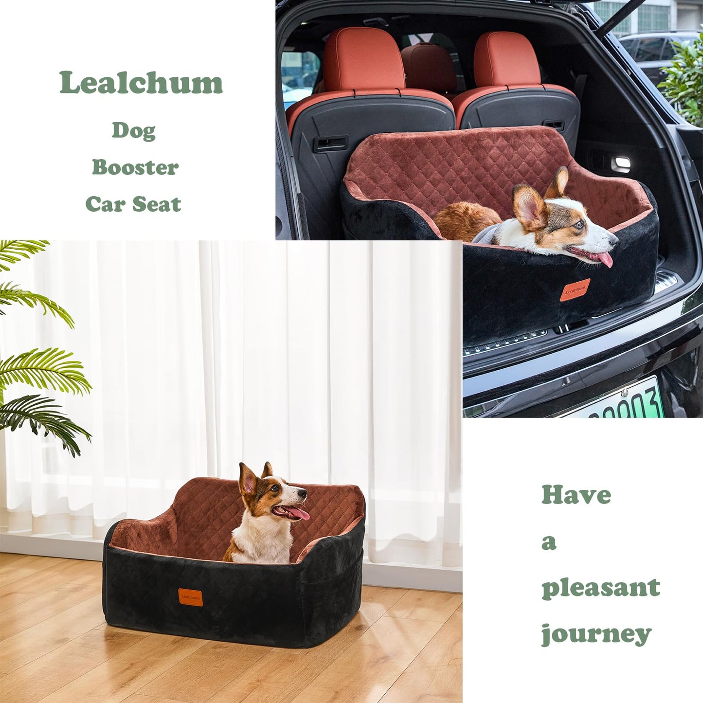 Lealchum Dog Car Seat Up to 55lb | 2 Clip-On Leashes, Detachable & Washable Bed for 2 Small Dogs (Black/Grey)