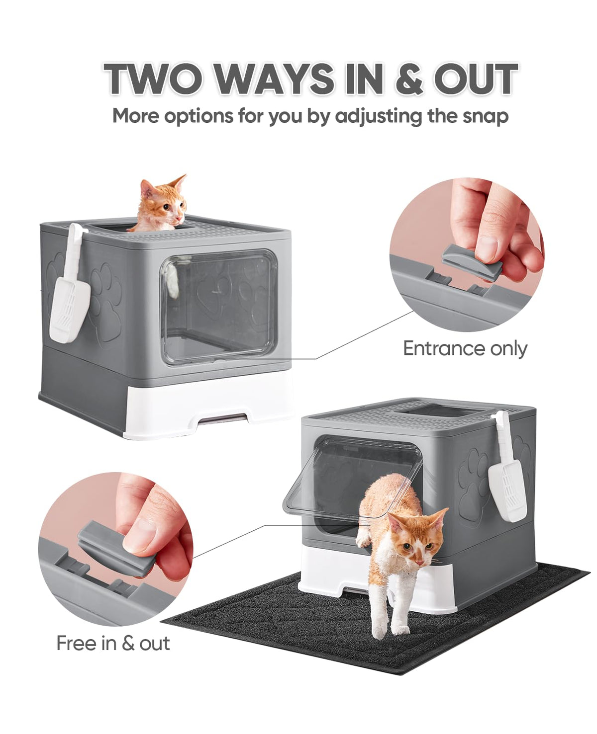Medario Cat Litter Box with X-Large Litter Mat, Foldable Enclosed Kitty Box with Front Top Entry – Odor Control (Upgrade Dark Grey)