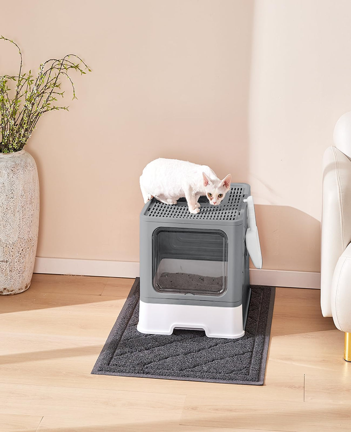 Medario Cat Litter Box with X-Large Litter Mat, Foldable Enclosed Kitty Box with Front Top Entry – Odor Control (Upgrade Dark Grey)