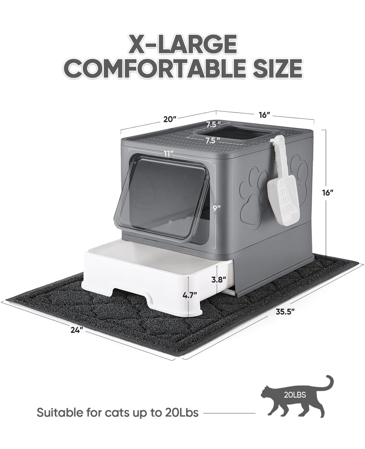 Medario Cat Litter Box with X-Large Litter Mat, Foldable Enclosed Kitty Box with Front Top Entry – Odor Control (Upgrade Dark Grey)