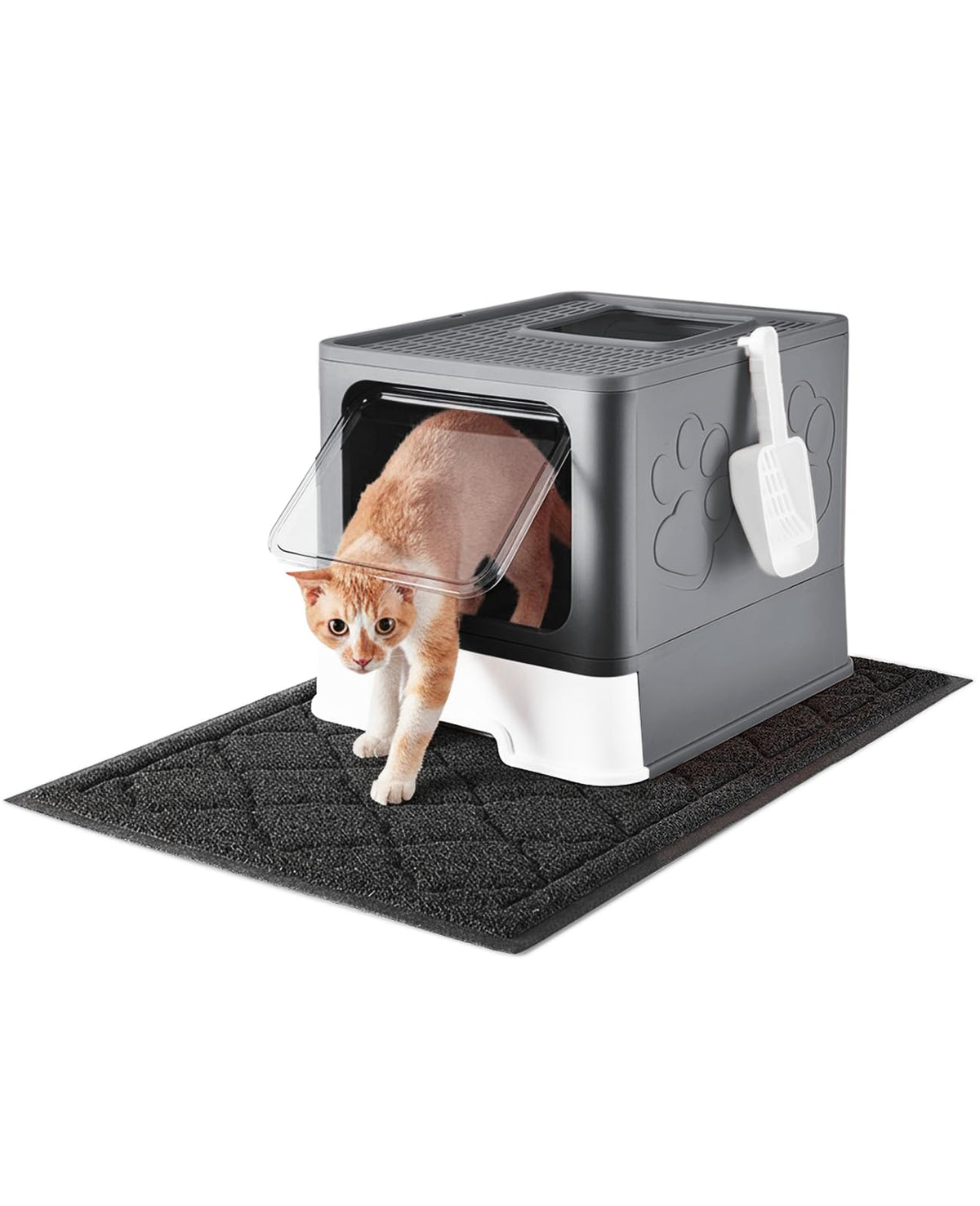 Medario Cat Litter Box with X-Large Litter Mat, Foldable Enclosed Kitty Box with Front Top Entry – Odor Control (Upgrade Dark Grey)