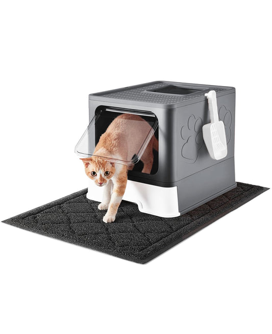 Medario Cat Litter Box with X-Large Litter Mat, Foldable Enclosed Kitty Box with Front Top Entry – Odor Control (Upgrade Dark Grey)