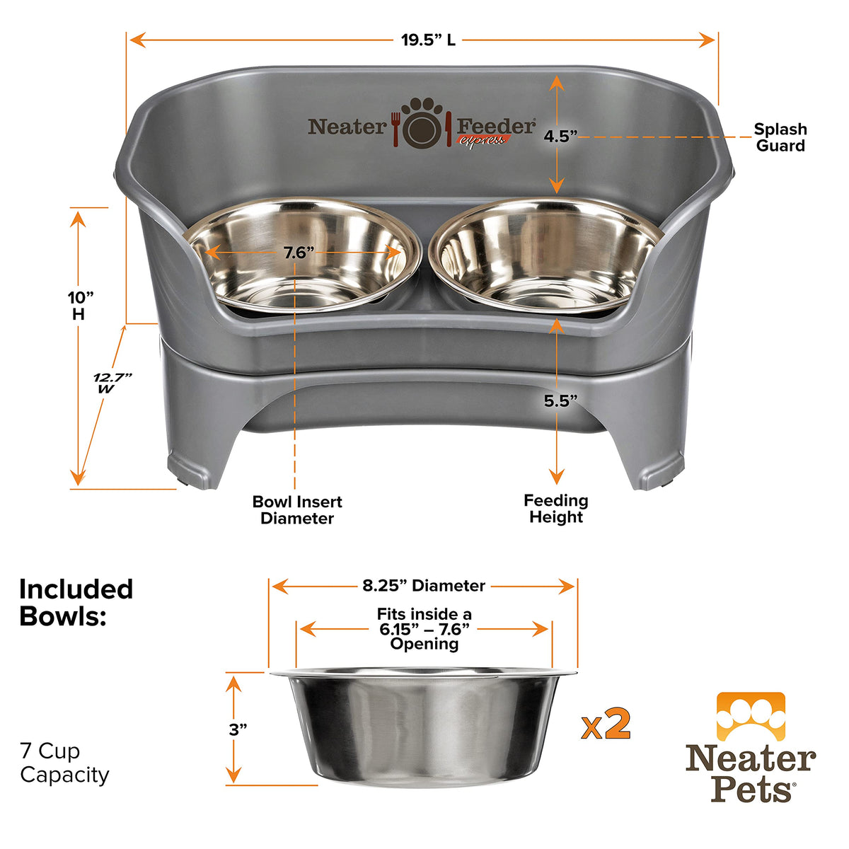 Neater Feeder Express Mess-Proof Elevated Dog Bowls for Medium to Large Dogs | Stainless Steel Bowls, Grey