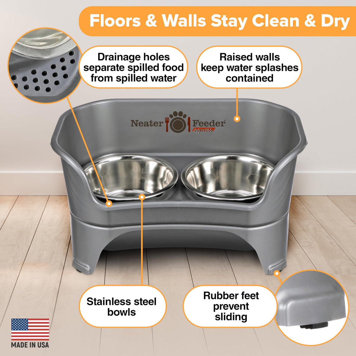 Neater Feeder Express Mess-Proof Elevated Dog Bowls for Medium to Large Dogs | Stainless Steel Bowls, Grey