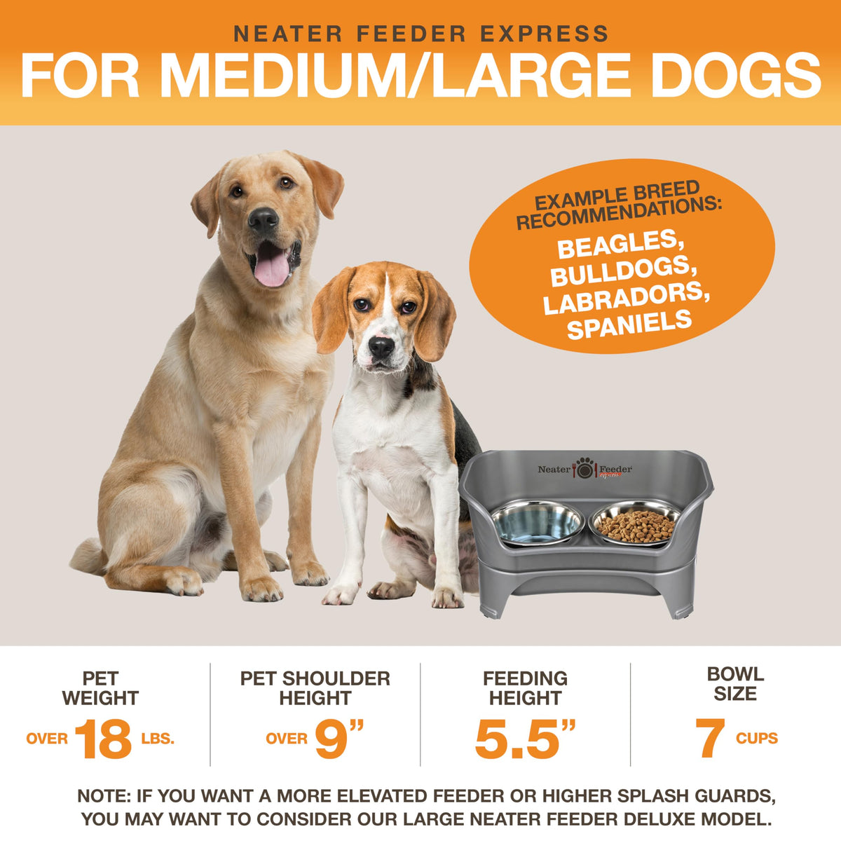 Neater Feeder Express Mess-Proof Elevated Dog Bowls for Medium to Large Dogs | Stainless Steel Bowls, Grey