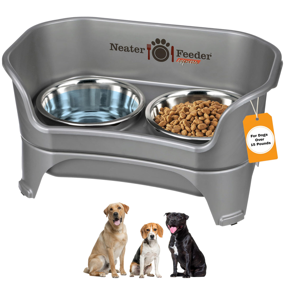 Neater Feeder Express Mess-Proof Elevated Dog Bowls for Medium to Large Dogs | Stainless Steel Bowls, Grey