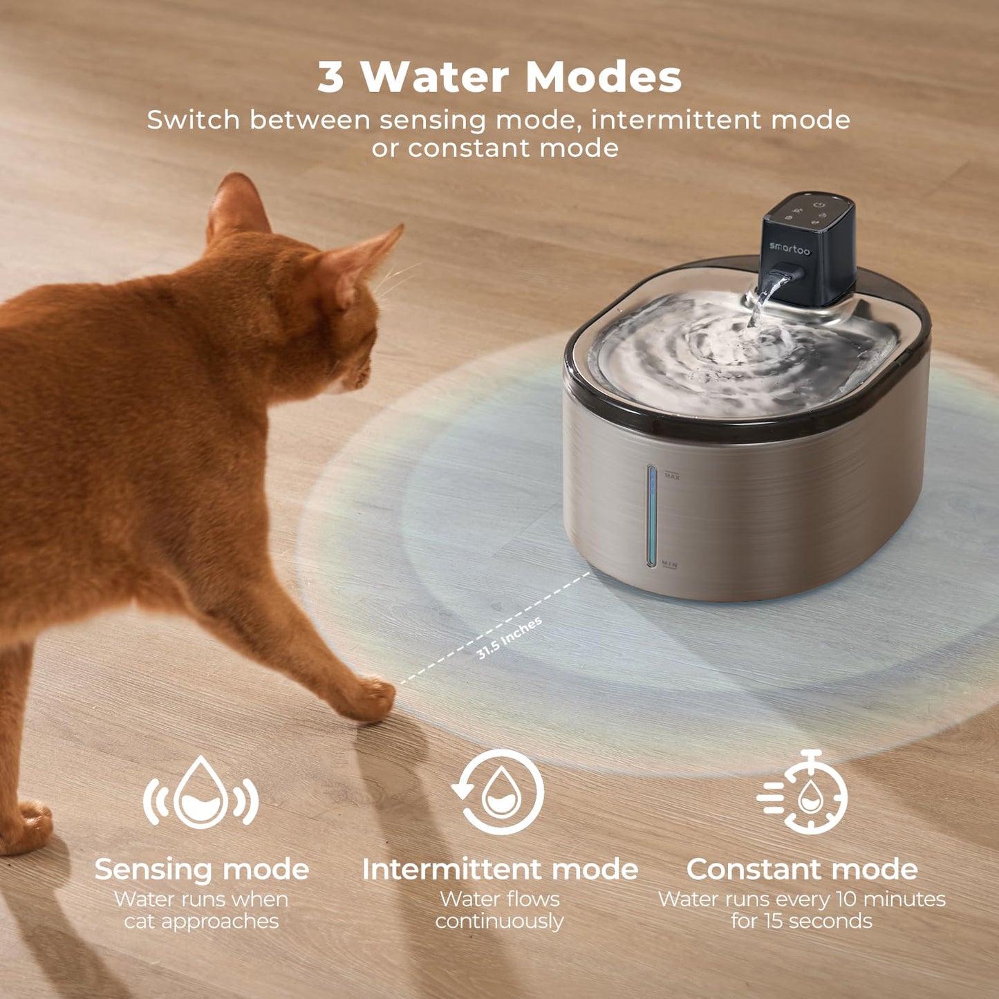 Smartoo Wireless Cat Water Fountain Stainless Steel – 152oz/4.5L, Battery-Operated, Motion Sensor